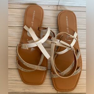Madden Girl Beige Rhinestone Strappy Flat Sandals